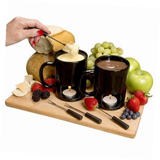 Set of 2 Fondue Mugs With 8 Votives, 4 Forks